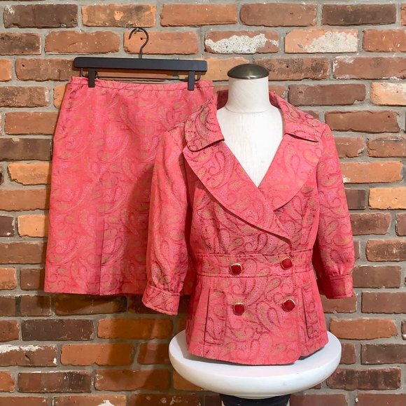 Etcetera Red Paisley Brocade Double Breasted Skirt Suit Size Medium